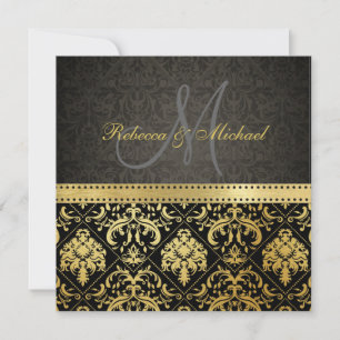 Elegant Black and Gold Damask with Monogram Invitation