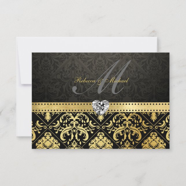 Elegant Black and Gold Damask with Monogram RSVP Card (Front)