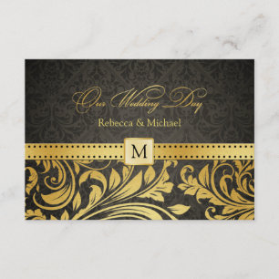 Elegant Black and Gold Damask with Monogram RSVP Card