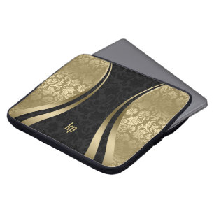 Elegant Black And Gold Damasks Dynamic Stripe Laptop Sleeve