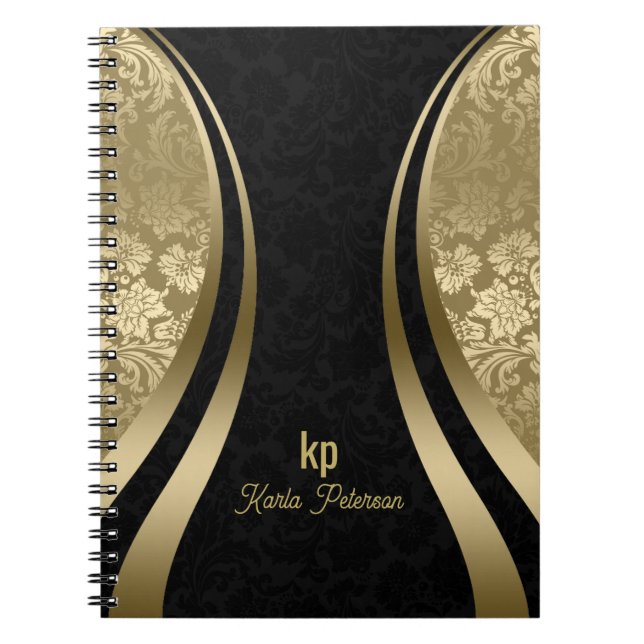 Elegant Black And Gold Damasks Dynamic Stripe Notebook (Front)