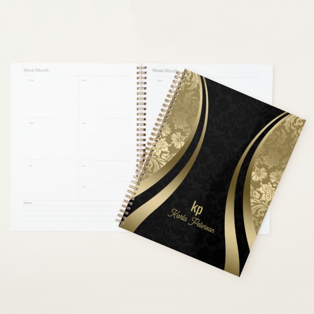 Elegant Black And Gold Damasks Dynamic Stripe Planner (Display)
