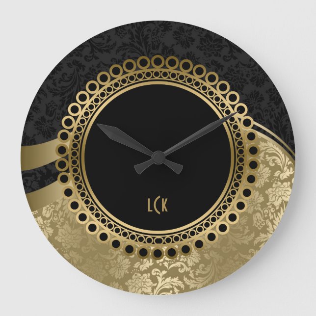Elegant Black And Gold Damasks Ornate Frame Large Clock (Front)