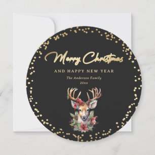 Elegant Black and Gold Deer Merry Christmas Holiday Card
