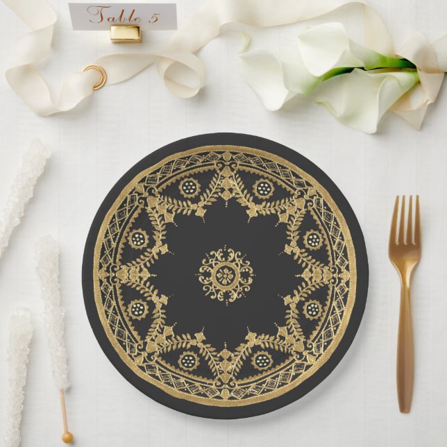 Elegant black and gold design paper plate (Wedding)