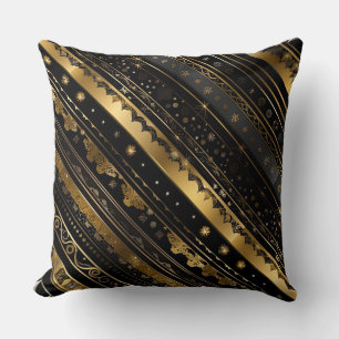 Elegant Black And Gold Diagonal Striped Cushion