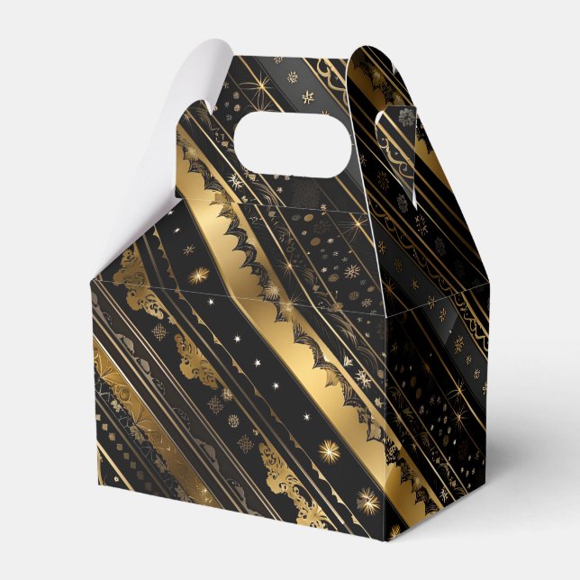 Elegant Black And Gold Diagonal Striped Gable Favour Box (Front Side)