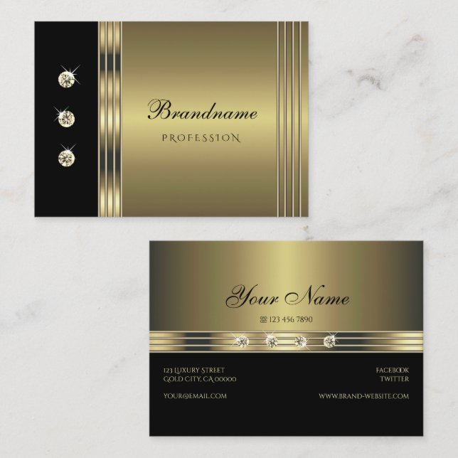 Elegant Black and Gold Effect Sparkling Diamonds Business Card (Front/Back)