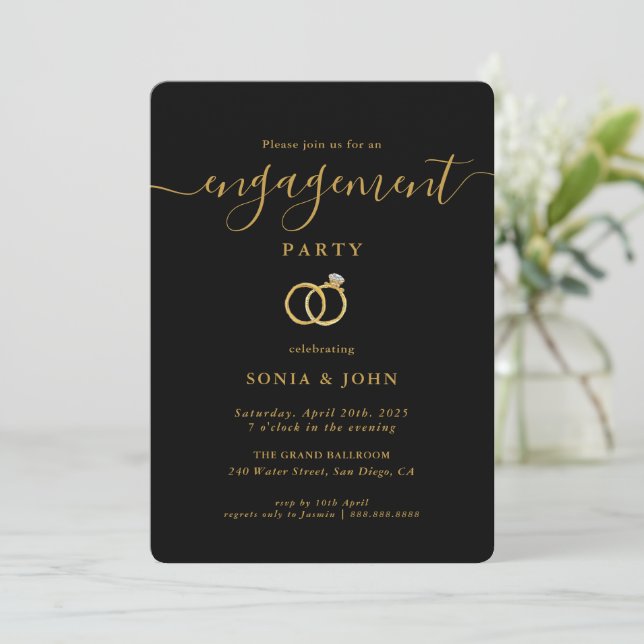 Elegant Black and Gold engagement party invitation (Standing Front)