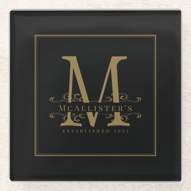 Elegant Black and Gold Family Monogram Classy   Glass Coaster (Front)