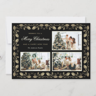 Elegant Black and Gold Family Photo Christmas Holiday Card