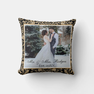 Elegant Black and Gold Faux Glitter Photo Wedding  Cushion
