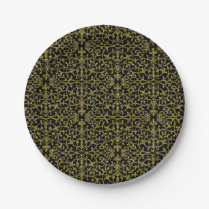 Elegant Black and Gold Filigree Pattern Paper Plate