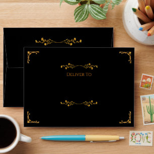 Elegant Black and Gold Floral Addressed Wedding Envelope