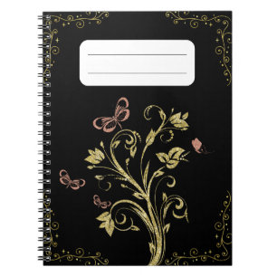 Elegant Black and Gold Floral Butterfly Notebook