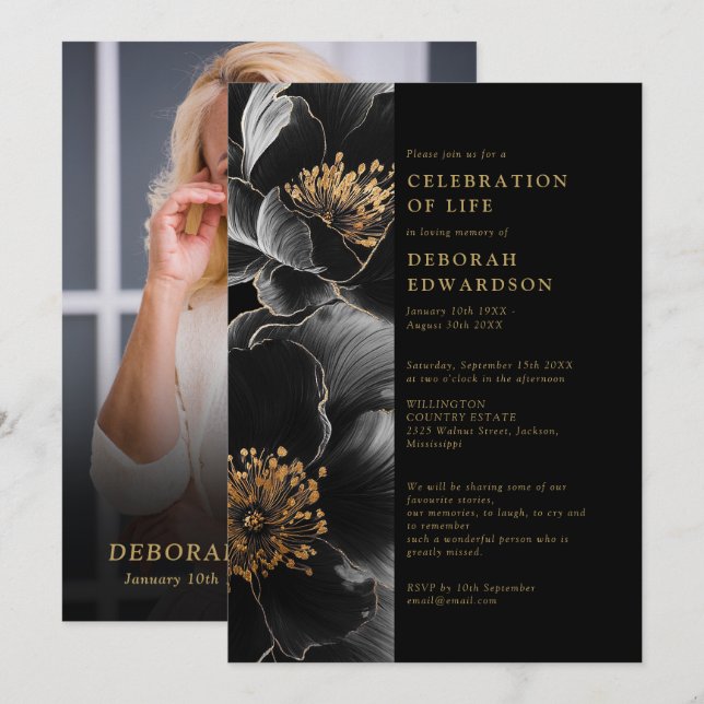 Elegant Black And Gold Floral Celebration Of Life Invitation (Front/Back)