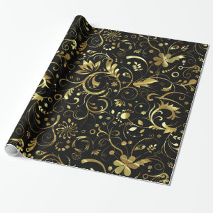 Elegant Black And Gold Floral Damasks Wrapping Paper