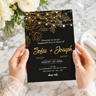 Elegant Black and Gold Floral Engagement Party Invitation