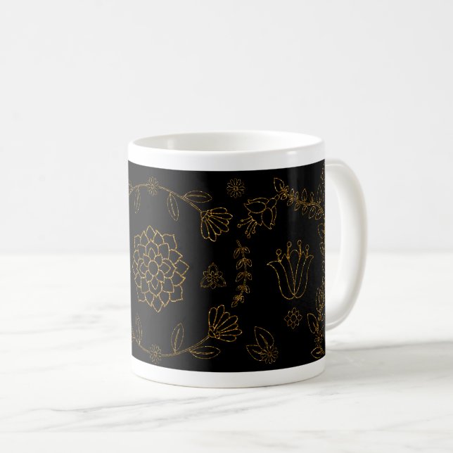 Elegant Black and Gold Floral Folk Art Mug (Front Right)