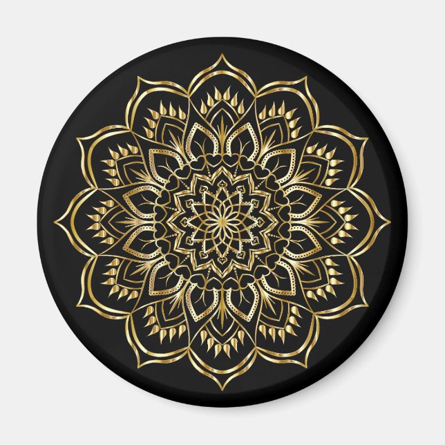 Elegant Black and Gold Floral Mandala Pattern Magnet (Front)