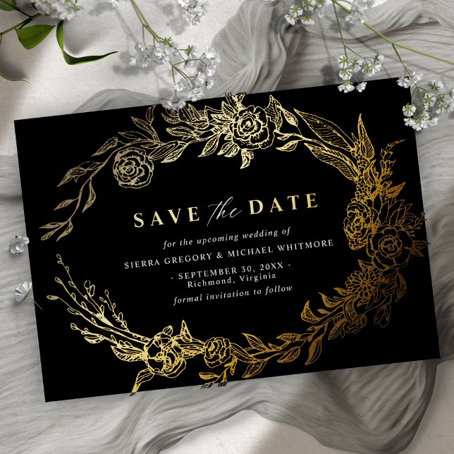 Elegant Black and Gold Floral Modern Save the Date (Creator Uploaded)