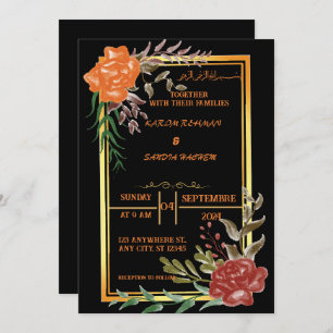 Elegant Black and gold floral Muslim Wedding Invit Invitation