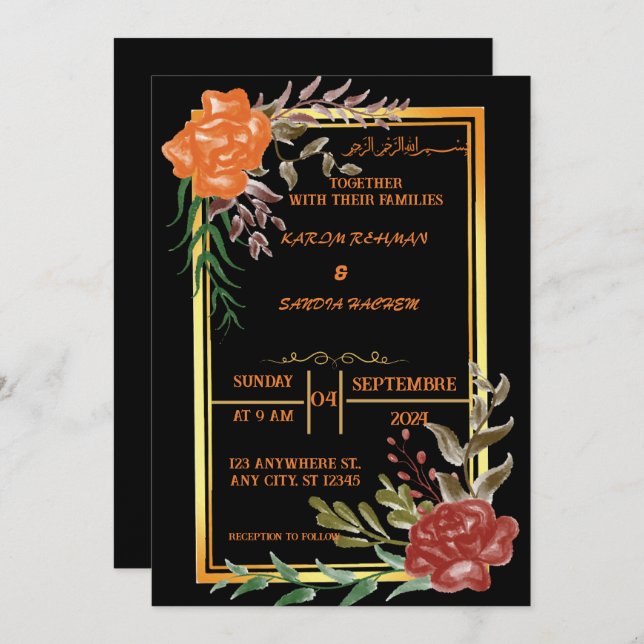 Elegant Black and gold floral Muslim Wedding Invit Invitation (Front/Back)