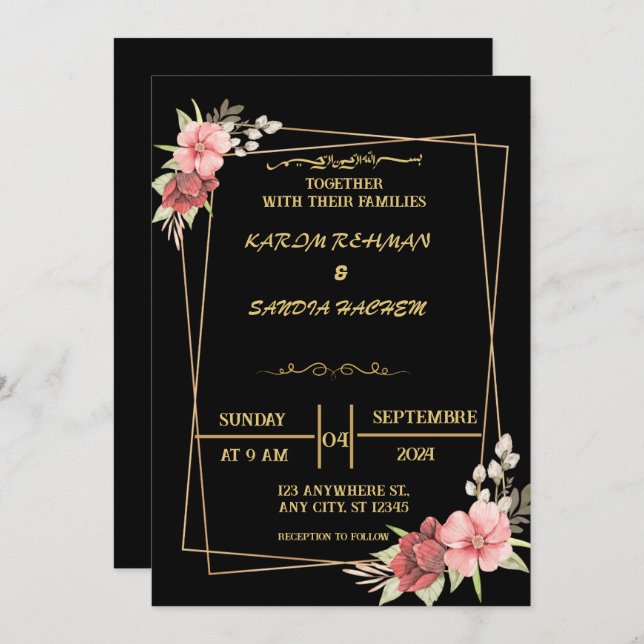 Elegant Black and gold floral Muslim Wedding Invitation (Front/Back)