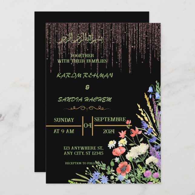 Elegant Black and gold floral Muslim Wedding Invitation (Front/Back)