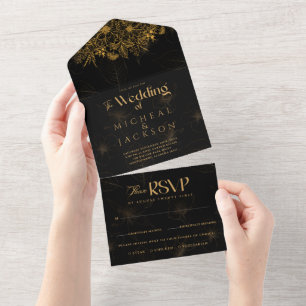 Elegant Black and Gold Floral Photo Wedding All In One Invitation