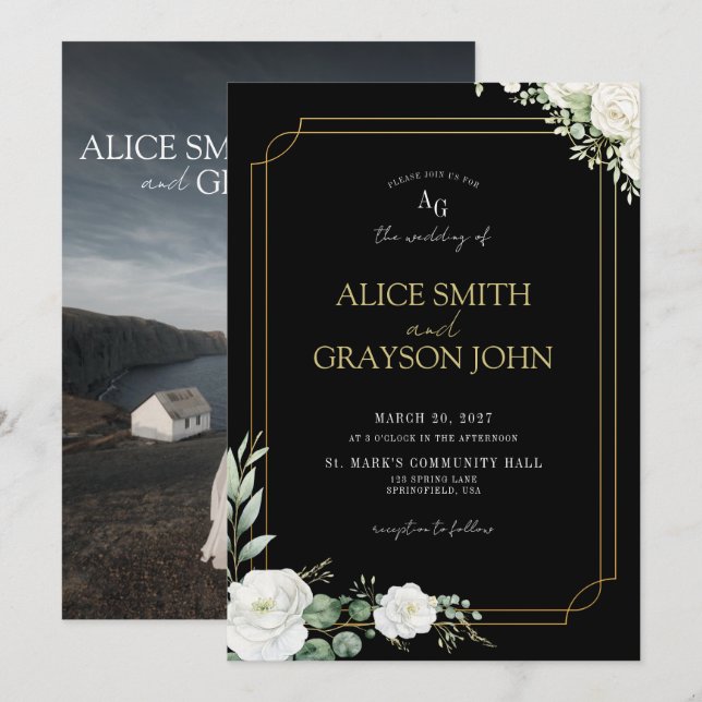 Elegant Black and Gold Floral Photo Wedding Invitation (Front/Back)