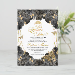 Elegant Black and Gold Floral Quinceanera Birthday Invitation