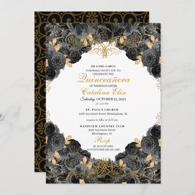 Elegant Black and Gold Floral Quinceanera Birthday Invitation (Front/Back)