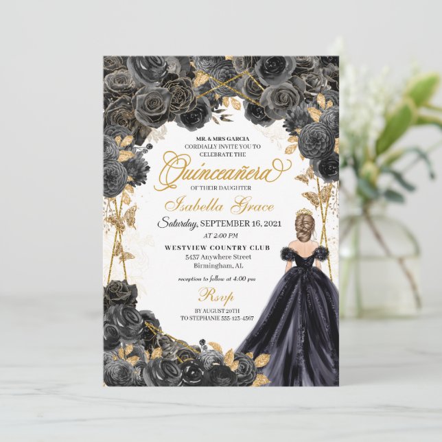 Elegant Black and Gold Floral Quinceanera Invitati Invitation (Standing Front)