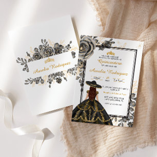 Elegant Black and Gold Floral Quinceanera Invitation