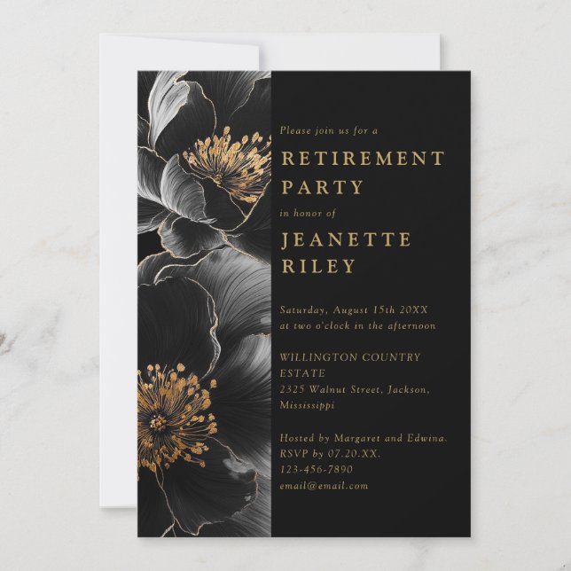 Elegant Black And Gold Floral Retirement Party Invitation (Front)