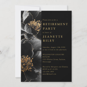 Elegant Black And Gold Floral Retirement Party Invitation
