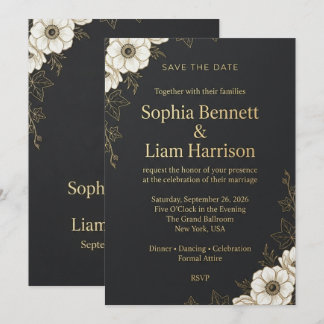 Elegant Black and Gold Floral Save the Date Card
