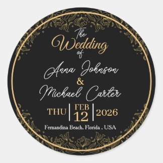 Elegant Black and Gold Floral Wedding Classic Round Sticker