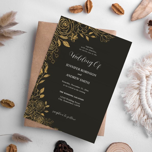 Elegant Black and Gold Floral Wedding Invitation (Creator Uploaded)