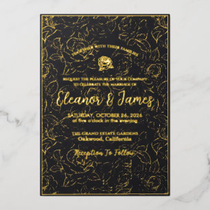 Elegant Black and Gold Floral Wedding Invitation