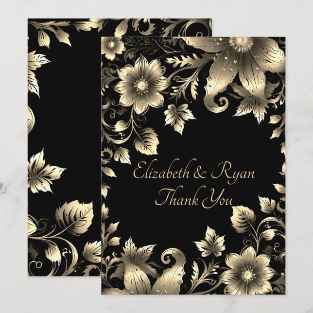 Elegant Black and Gold Floral Wedding  Thank You Card (Front/Back)