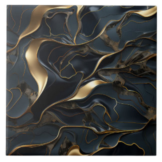 Elegant Black and Gold Fluid Abstract Ceramic Tile