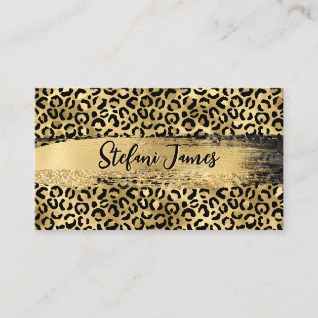 Elegant Black and Gold Foil Leopard Brush Stroke Business Card (Front)