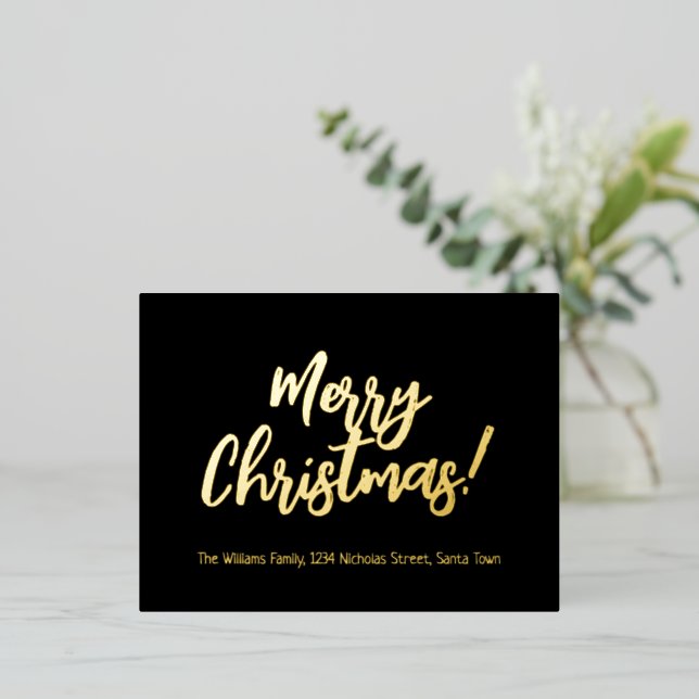 Elegant Black and Gold Foil Merry Christmas Foil Holiday Postcard (Standing Front)