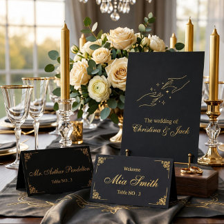 Elegant Black and Gold Folded Wedding Place Card