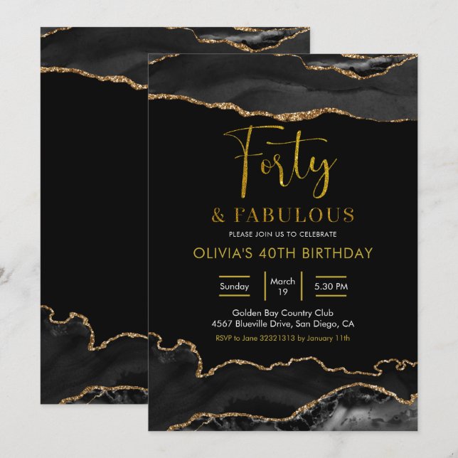 Elegant Black and Gold Forty and Fabulous Invitation (Front/Back)