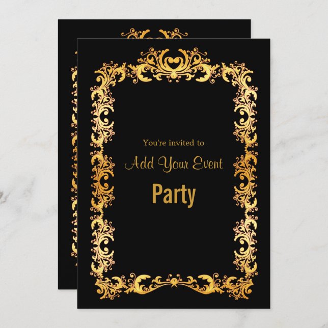 Elegant Black and Gold Frame Invitation (Front/Back)