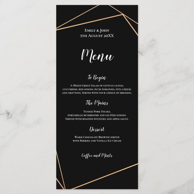 Elegant Black and Gold Geometric Frame Wedding Menu (Front)