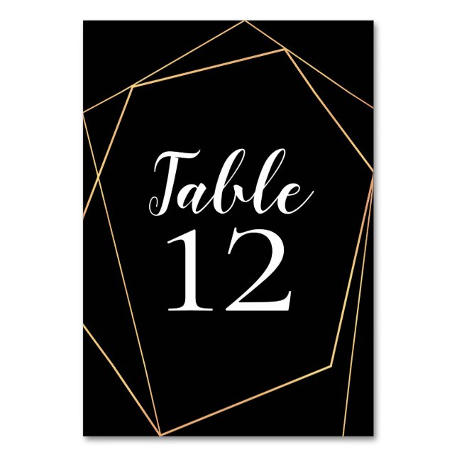 Elegant Black and Gold Geometric Frame Wedding Table Number (Front)